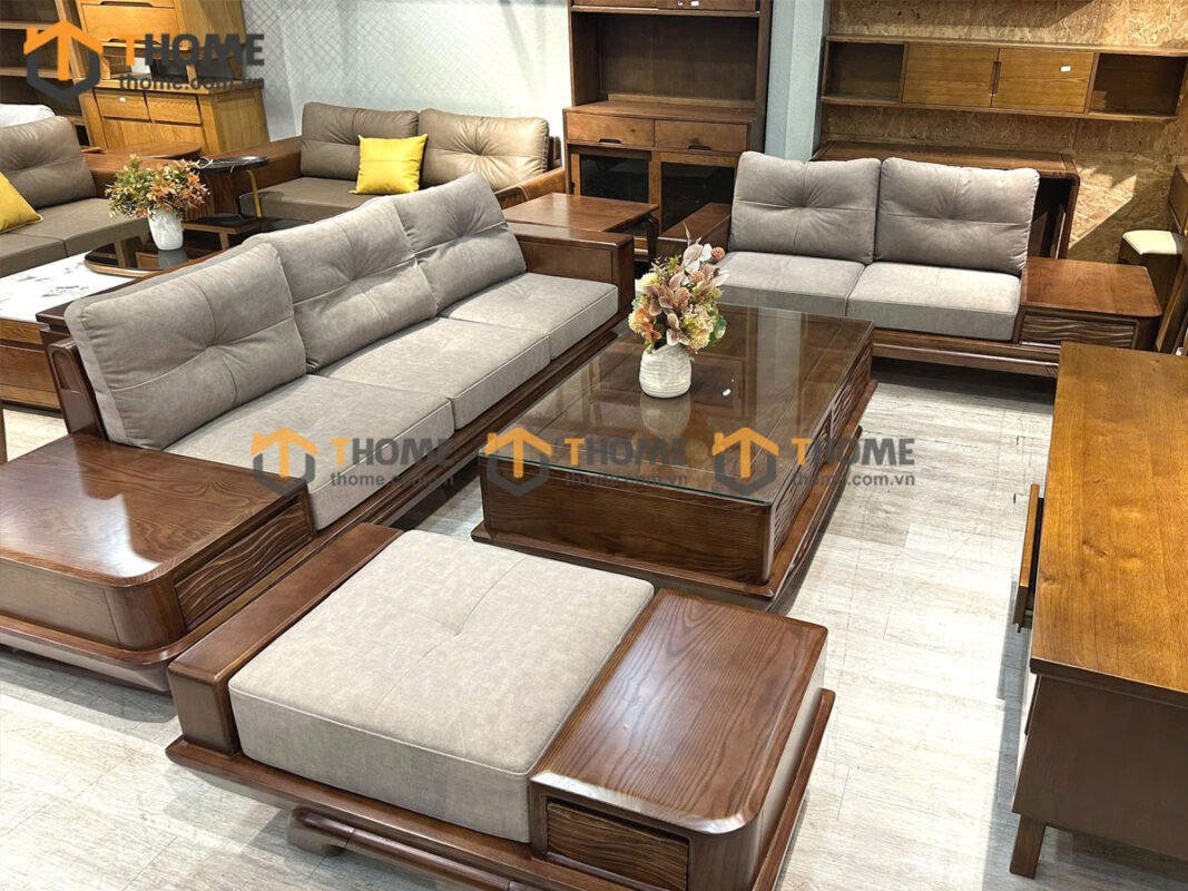 Sofa Gỗ Sồi Tự Nhiên Chân Vặn 5 Món Màu Óc Chó SFĐ-40SN