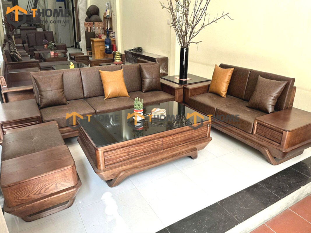 Sofa Gỗ Sồi Tự Nhiên Chân Vặn 5 Món Màu Óc Chó SFĐ-40SN