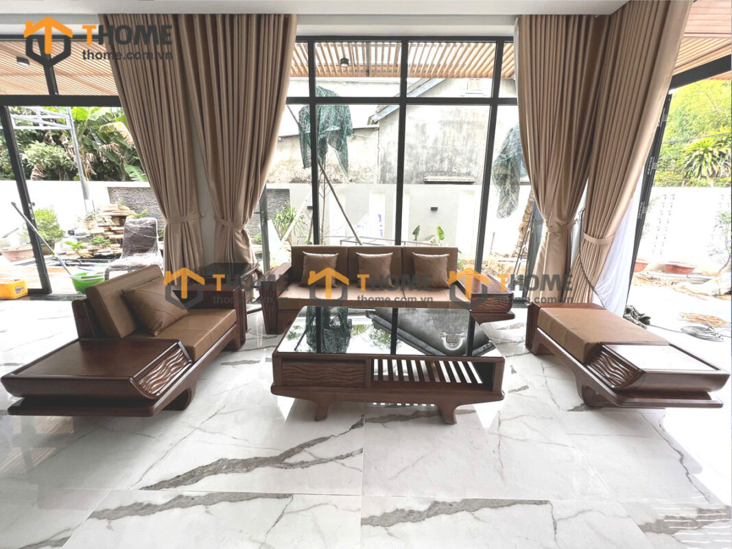 Sofa Gỗ Sồi Tự Nhiên Dragon 5 Món Màu Óc Chó SFĐ-36SN