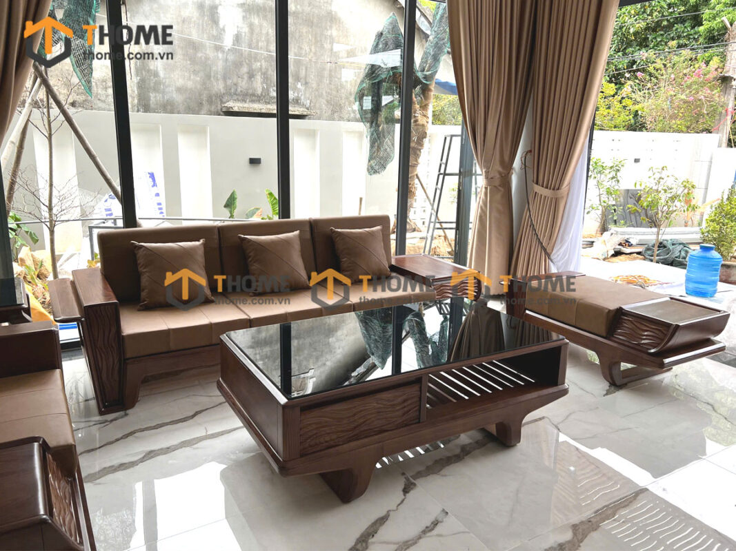 Sofa Gỗ Sồi Tự Nhiên Dragon 5 Món Màu Óc Chó SFĐ-36SN