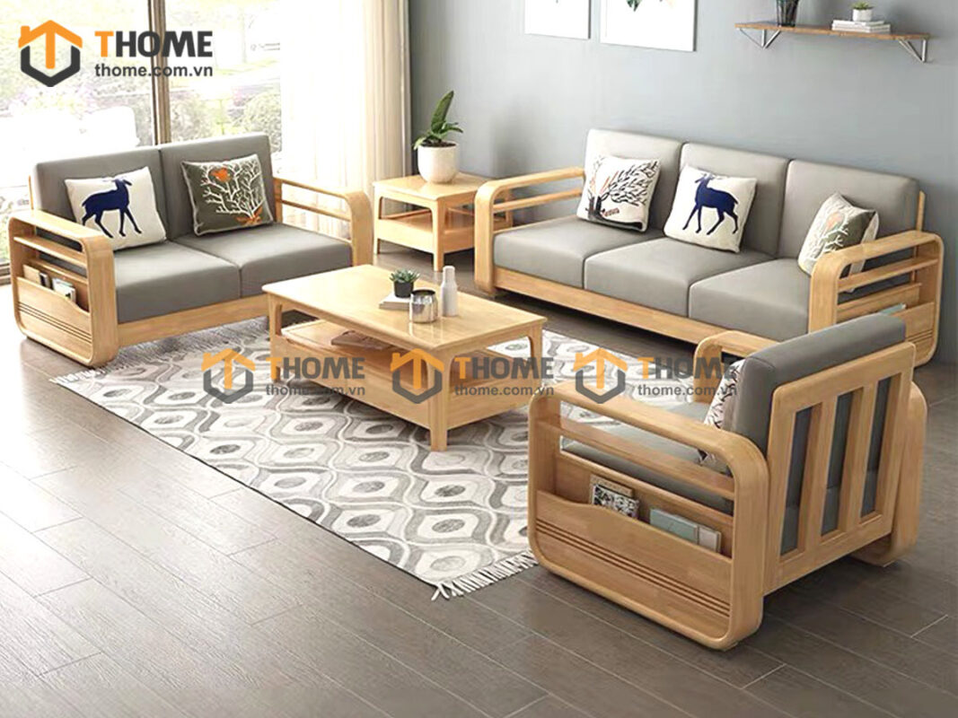 Sofa Gỗ Sồi Tự Nhiên Sun Góc Màu Óc Chó SFĐ-38SN