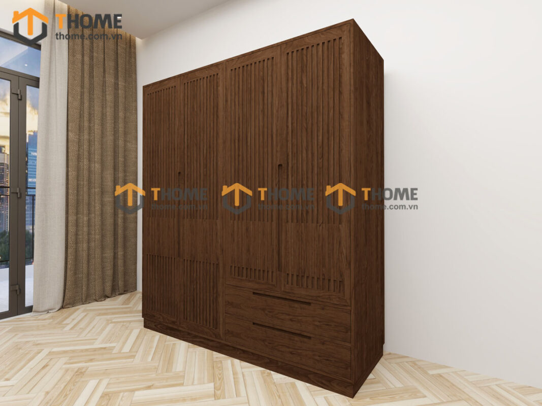 Tủ Áo Gỗ Sồi Tự Nhiên 4 Cánh Sọc Lion Màu Óc Chó TA-44SN