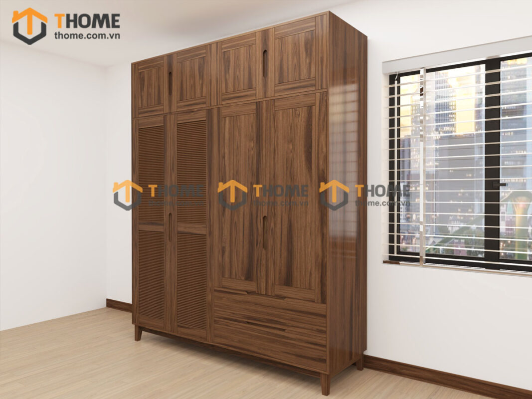 Tủ Áo Gỗ Sồi Tự Nhiên 4 Cánh Toto Kèm Kệ Sách TA-37SN