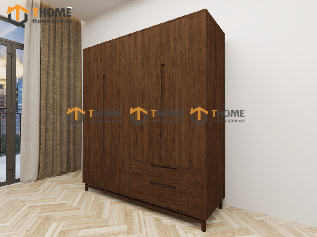 Tủ Áo Gỗ Sồi Tự Nhiên 4 Cánh Trơn Nate Màu Óc Chó TA-41SN
