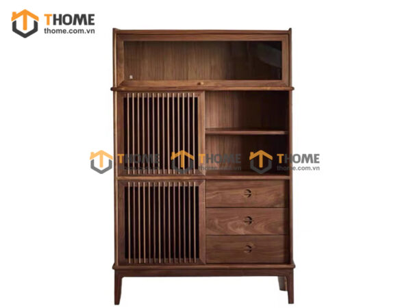 Tủ Chén Gỗ Sồi Tự Nhiên 2 Cánh Mở Sọc Đứng Gương Lật TC2T-17SN