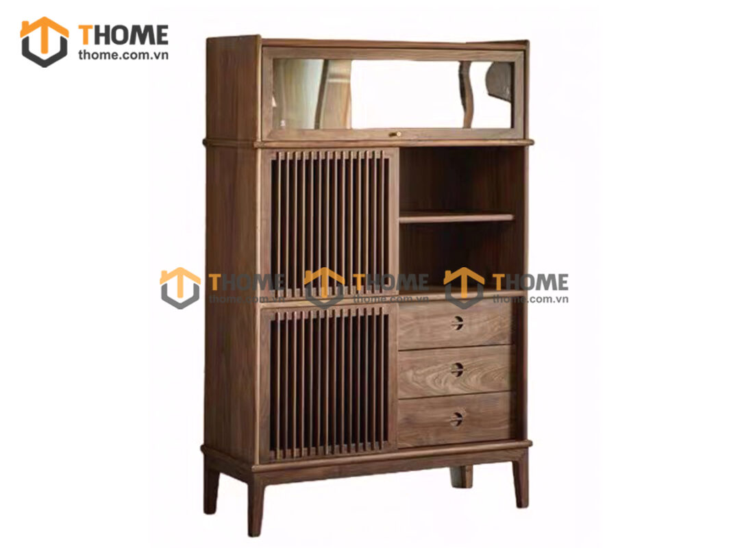 Tủ Chén Gỗ Sồi Tự Nhiên 2 Cánh Mở Sọc Đứng Gương Lật TC2T-17SN