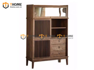 Tủ Chén Gỗ Sồi Tự Nhiên 2 Cánh Mở Sọc Đứng Gương Lật TC2T-17SN