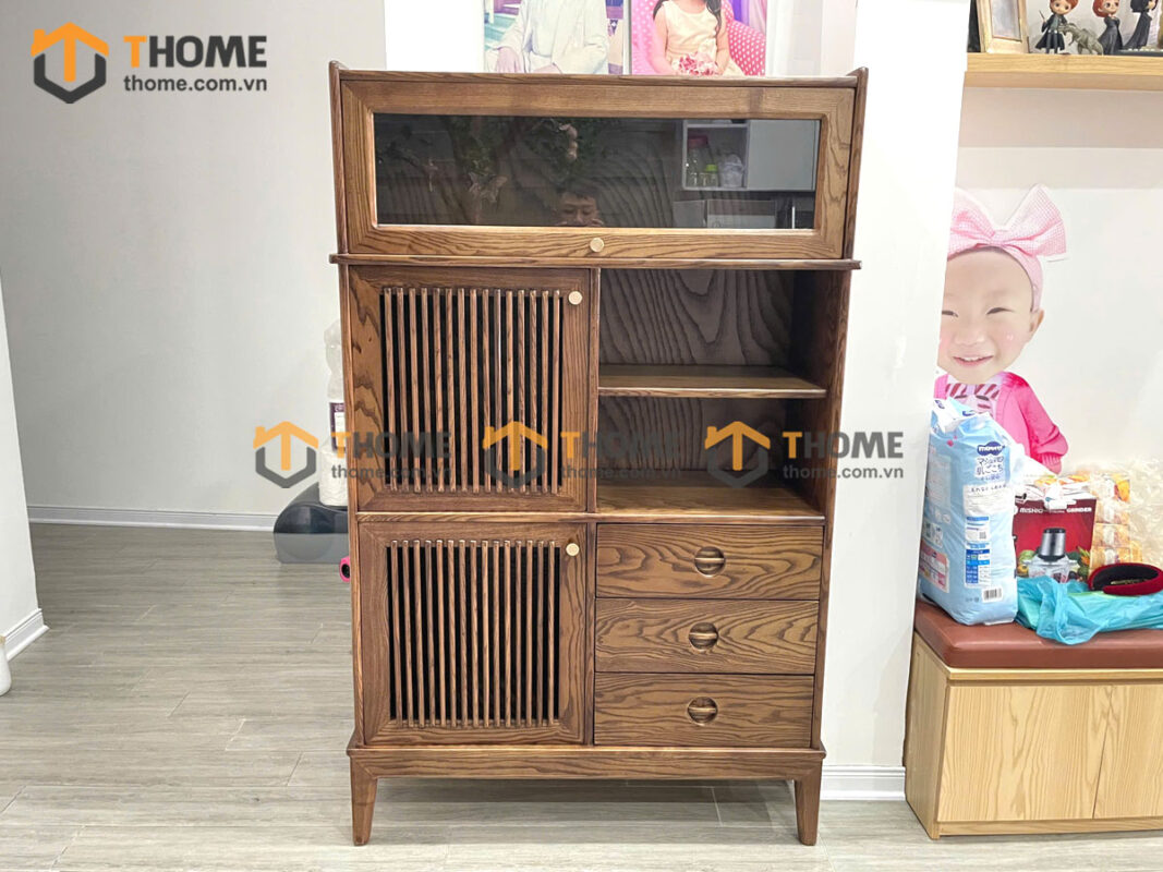 Tủ Chén Gỗ Sồi Tự Nhiên 2 Cánh Mở Sọc Đứng Gương Lật TC2T-17SN