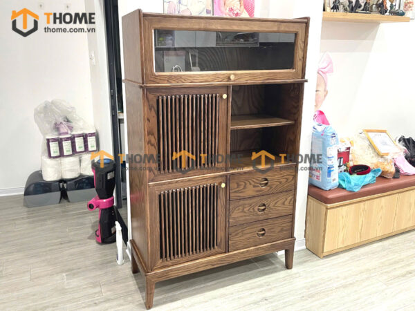 Tủ Chén Gỗ Sồi Tự Nhiên 2 Cánh Mở Sọc Đứng Gương Lật TC2T-17SN