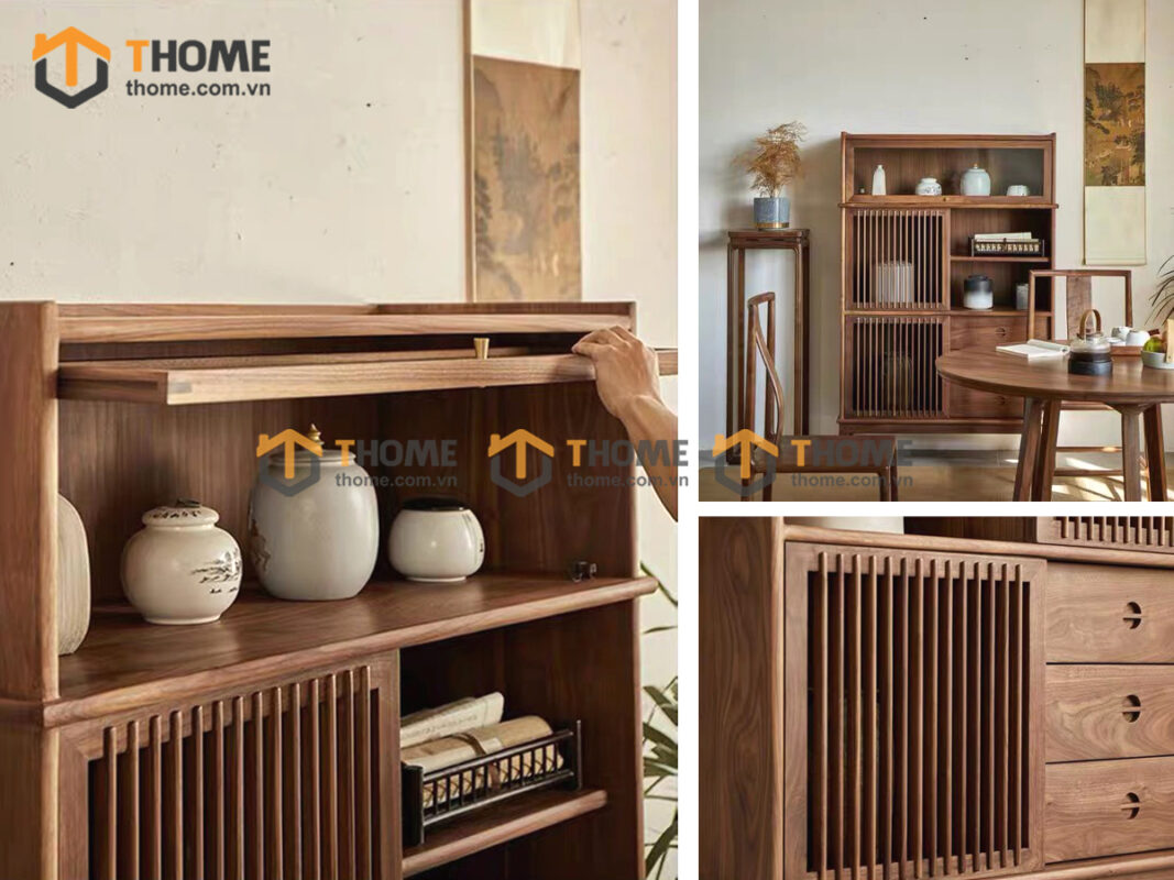 Tủ Chén Gỗ Sồi Tự Nhiên 2 Cánh Mở Sọc Đứng Gương Lật TC2T-17SN