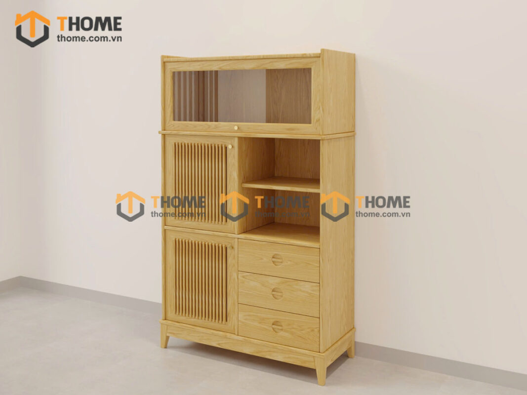 Tủ Chén Gỗ Sồi Tự Nhiên 2 Cánh Mở Sọc Đứng Gương Lật TC2T-17SN