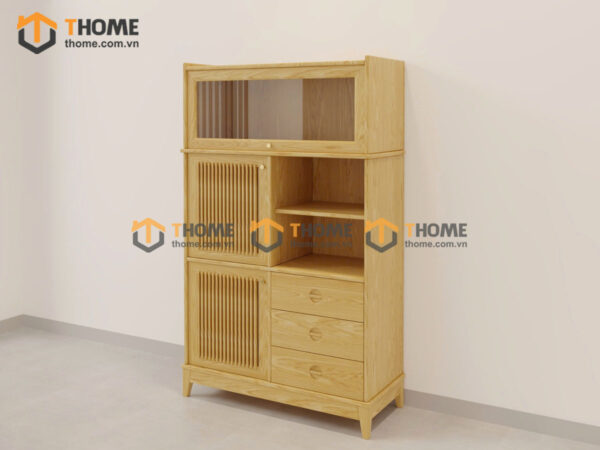 Tủ Chén Gỗ Sồi Tự Nhiên 2 Cánh Mở Sọc Đứng Gương Lật TC2T-17SN