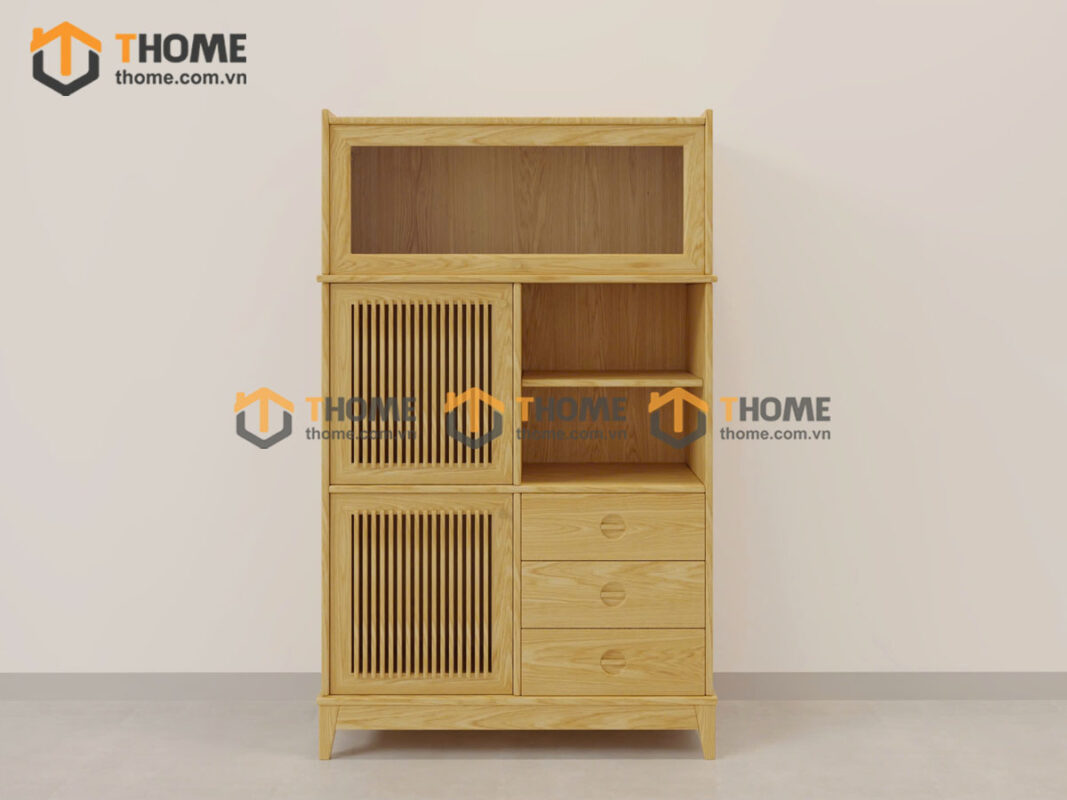 Tủ Chén Gỗ Sồi Tự Nhiên 2 Cánh Mở Sọc Đứng Gương Lật TC2T-17SN