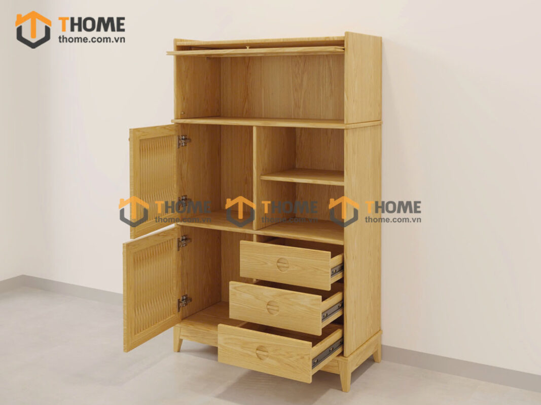 Tủ Chén Gỗ Sồi Tự Nhiên 2 Cánh Mở Sọc Đứng Gương Lật TC2T-17SN