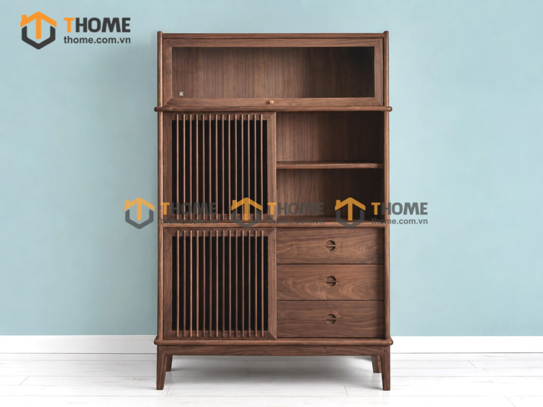 Tủ Chén Gỗ Sồi Tự Nhiên 2 Cánh Mở Sọc Đứng Gương Lật TC2T-17SN