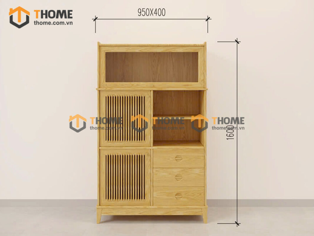 Tủ Chén Gỗ Sồi Tự Nhiên 2 Cánh Mở Sọc Đứng Gương Lật TC2T-17SN