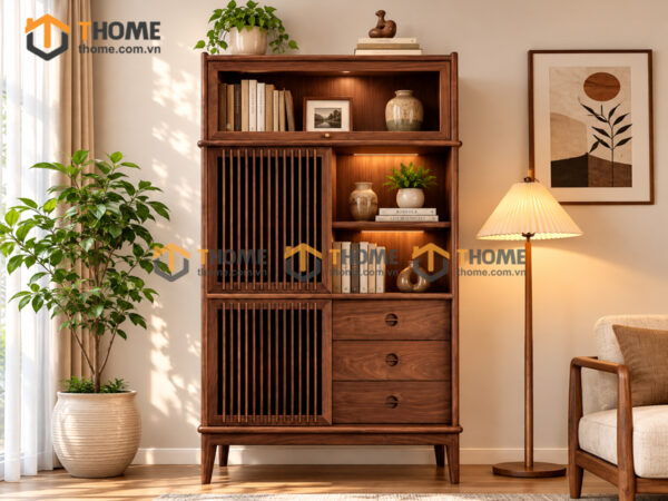 Tủ Chén Gỗ Sồi Tự Nhiên 2 Cánh Mở Sọc Đứng Gương Lật TC2T-17SN
