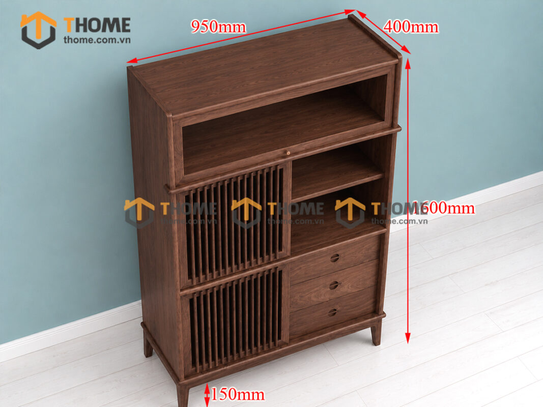 Tủ Chén Gỗ Sồi Tự Nhiên 2 Cánh Mở Sọc Đứng Gương Lật TC2T-17SN