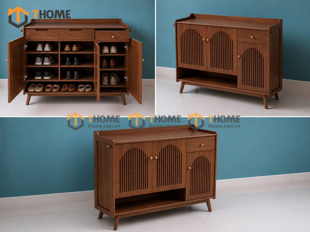 Tủ giày gỗ sồi tự nhiên 3 cánh mở cong TG-18SN
