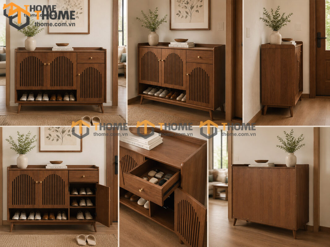 Tủ giày gỗ sồi tự nhiên 3 cánh mở cong TG-18SN