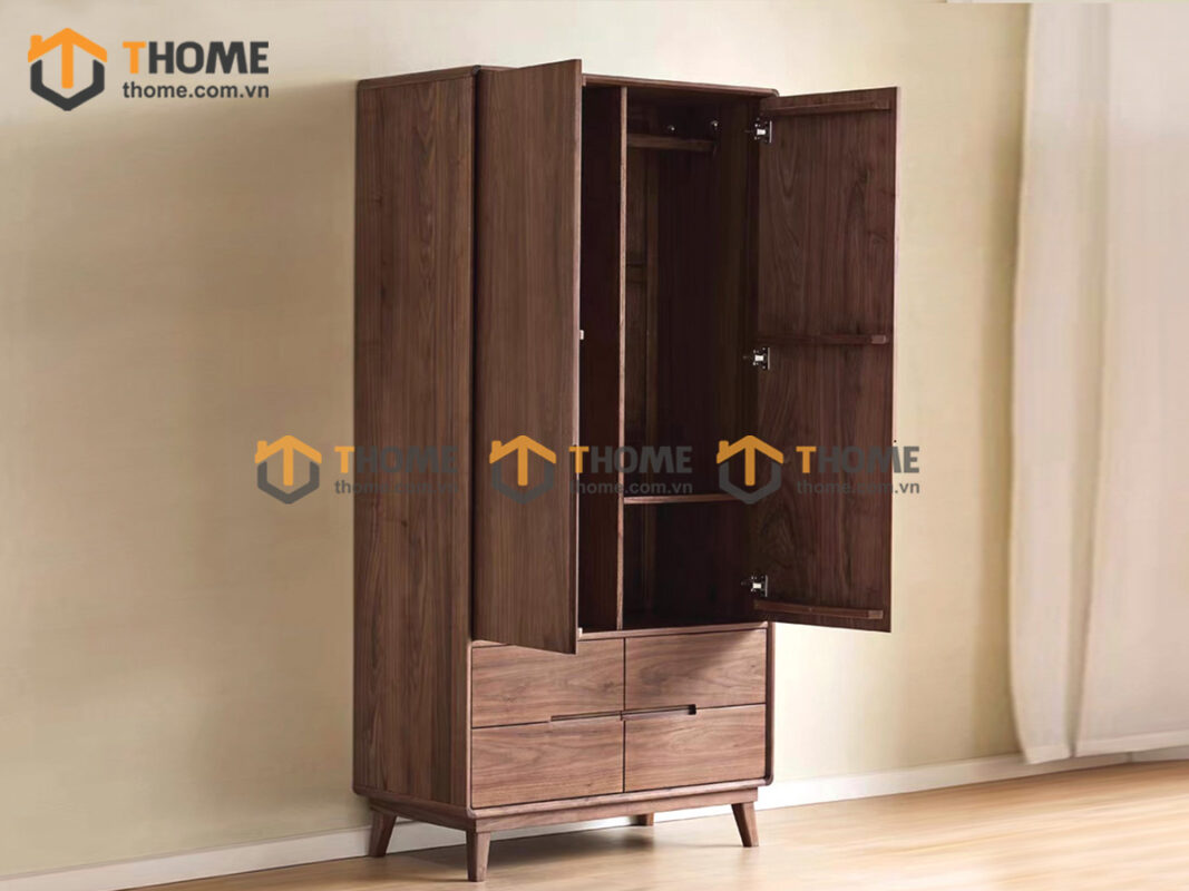 Tủ Áo Gỗ Sồi Tự Nhiên 2 Cánh Phẳng Hở Chân Diamond Màu Óc Chó TA-46SN