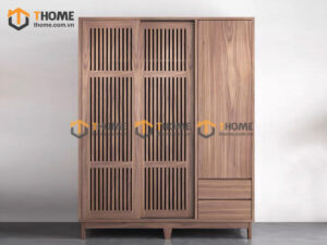 Tủ Áo Gỗ Sồi Tự Nhiên 2 Cánh Sọc Silver Màu Óc Chó TA-47SN