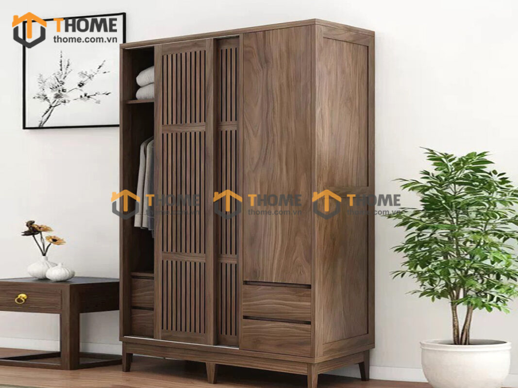 Tủ Áo Gỗ Sồi Tự Nhiên 2 Cánh Sọc Silver Màu Óc Chó TA-47SN