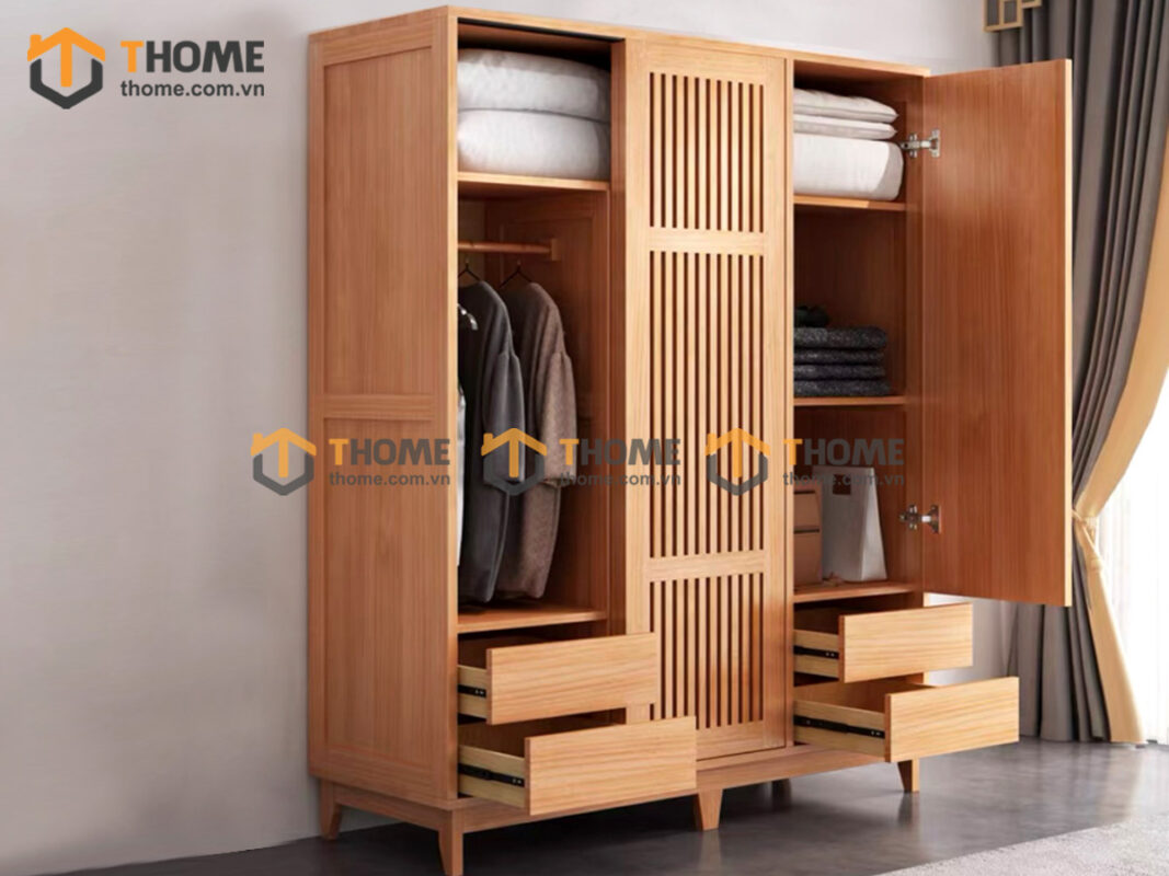 Tủ Áo Gỗ Sồi Tự Nhiên 2 Cánh Sọc Silver Màu Óc Chó TA-47SN