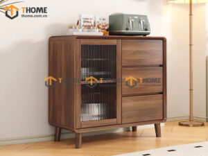 Tủ Chén Gỗ Sồi Tự Nhiên 1 Cánh Mở Cánh Kính Mờ Màu Óc Chó TC1T-18SN