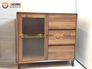 Tủ Chén Gỗ Sồi Tự Nhiên 1 Cánh Mở Cánh Kính Mờ Màu Óc Chó TC1T-18SN