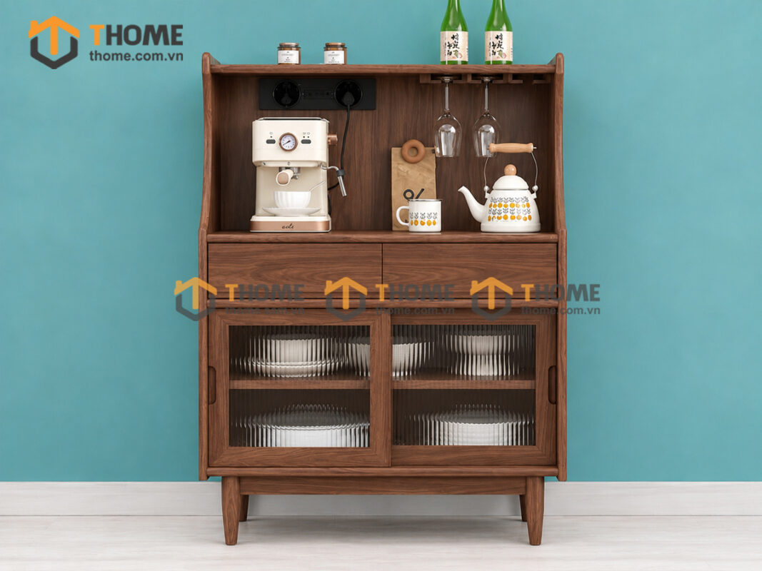 Tủ Chén Gỗ Sồi Tự Nhiên 2 Cánh Trượt Cánh Kính Mờ TC2T-18SN