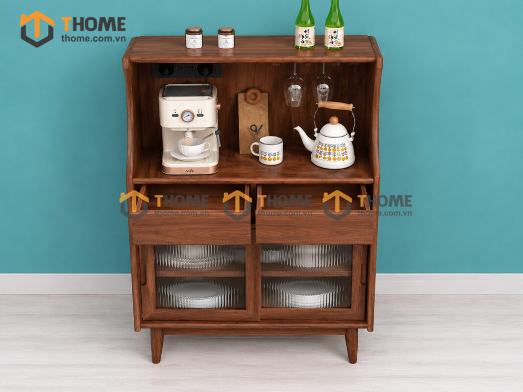 Tủ Chén Gỗ Sồi Tự Nhiên 2 Cánh Trượt Cánh Kính Mờ TC2T-18SN