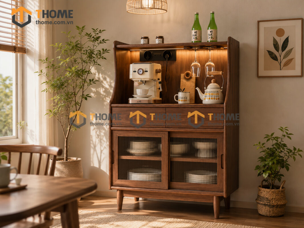 Tủ Chén Gỗ Sồi Tự Nhiên 2 Cánh Trượt Cánh Kính Mờ TC2T-18SN