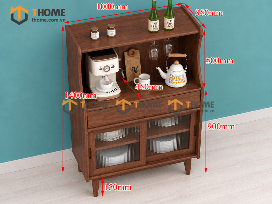 Tủ Chén Gỗ Sồi Tự Nhiên 2 Cánh Trượt Cánh Kính Mờ TC2T-18SN