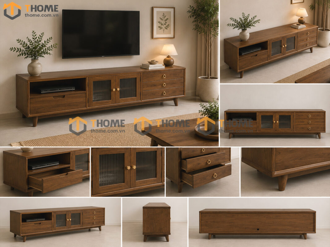 Tủ Tivi Gỗ Sồi Tự Nhiên Chân Thẳng Cánh Kính TTV-31SN