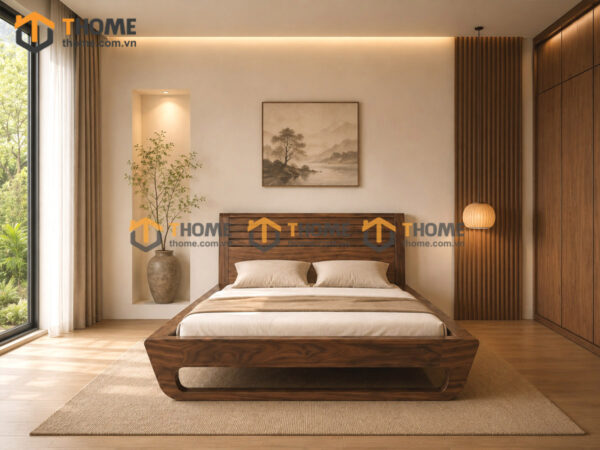 Giường Ngủ Gỗ Sồi Tự Nhiên 100% Đầu Gỗ Chân Bulova Màu Óc Chó GN-29SN