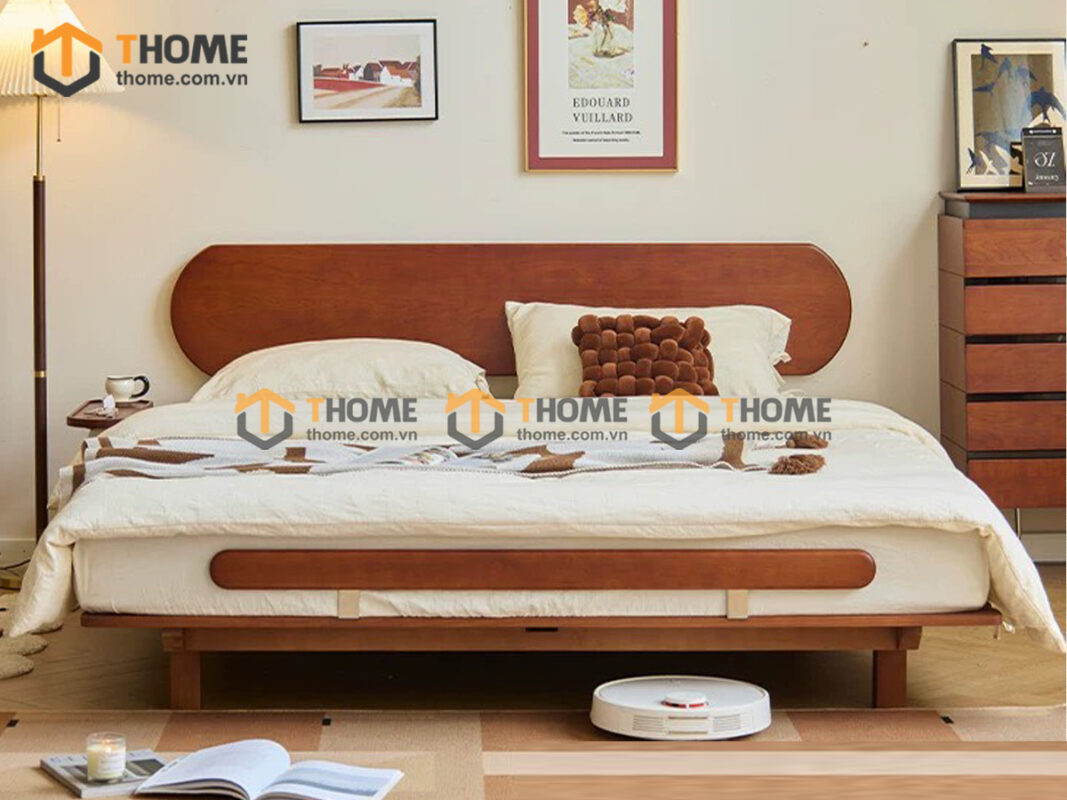 Giường Ngủ Gỗ Sồi Tự Nhiên Đầu Oval Bigo Màu Óc Chó GN-28SN