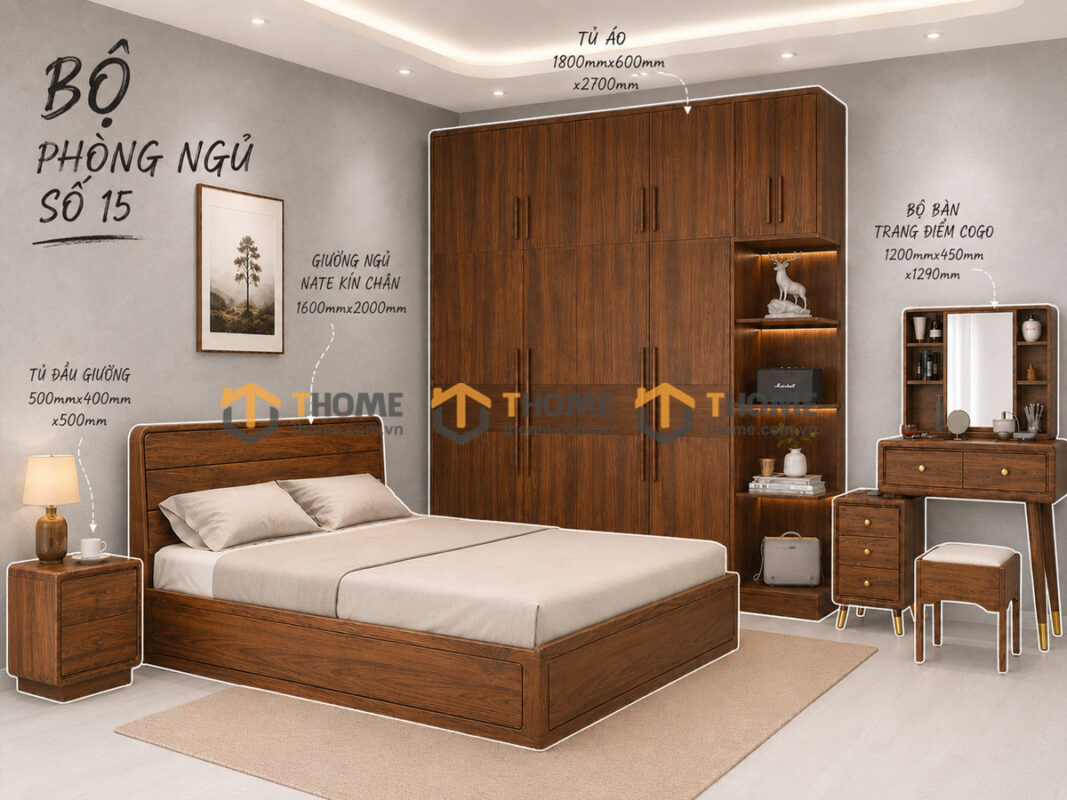Bộ Phòng Ngủ Số 15 Gỗ Sồi Tự Nhiên Giường Nate Kín Chân TKPN-15SN
