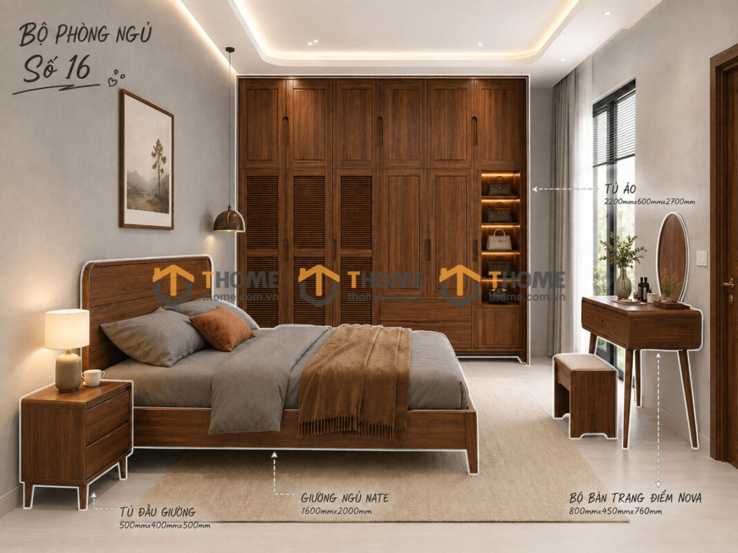 Bộ Phòng Ngủ Số 16 Gỗ Sồi Tự Nhiên Giường Nate TKPN-16SN