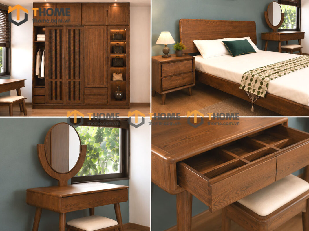 Bộ Phòng Ngủ Số 17 Gỗ Sồi Tự Nhiên Giường Hiroshima TKPN-17SN