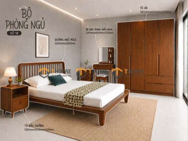 Bộ Phòng Ngủ Số 18 Gỗ Sồi Tự Nhiên Giường Polo TKPN-18SN