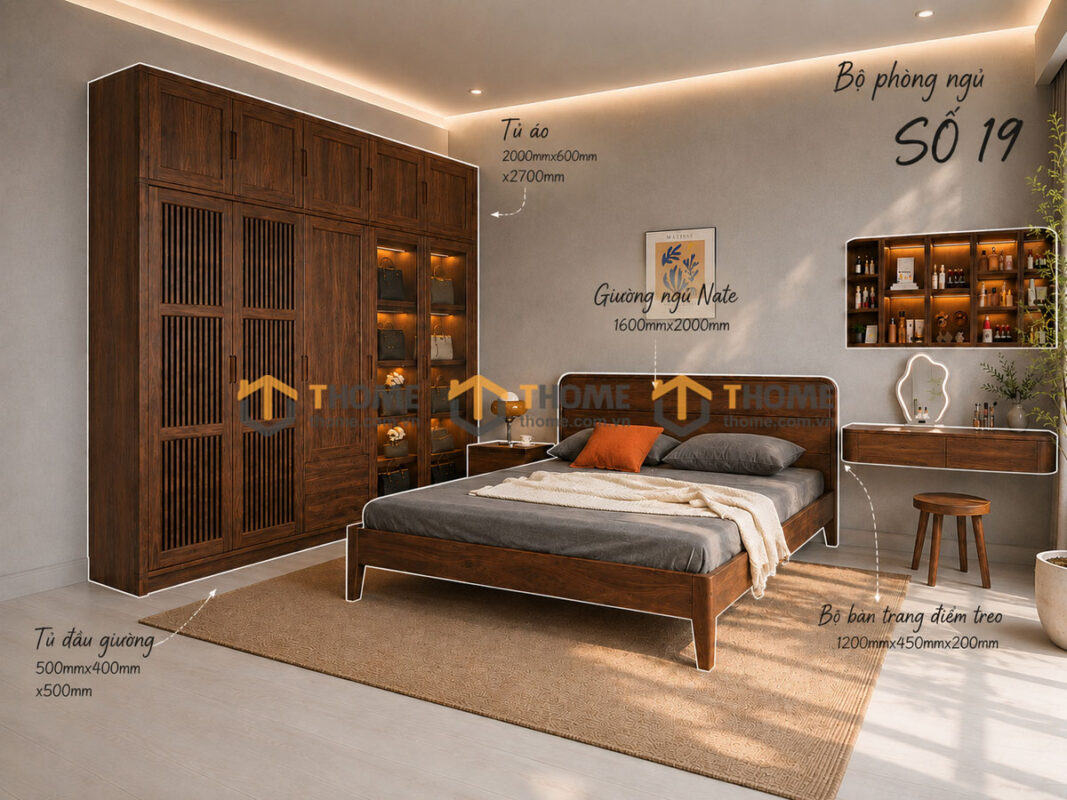 Bộ Phòng Ngủ Số 19 Gỗ Sồi Tự Nhiên Giường Nate TKPN-19SN