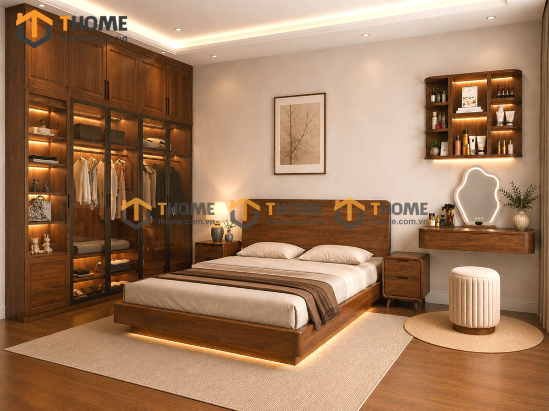 Bộ Phòng Ngủ Số 21 Gỗ Sồi Tự Nhiên Giường Bay TKPN-21SN