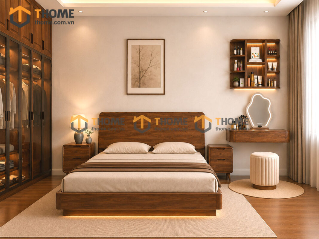 Bộ Phòng Ngủ Số 21 Gỗ Sồi Tự Nhiên Giường Bay TKPN-21SN