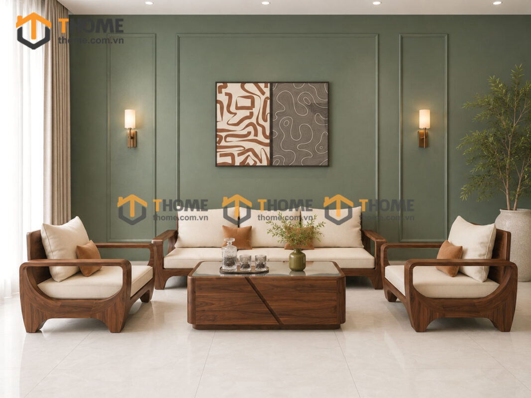 Sofa Gỗ Sồi Tự Nhiên BigBoss Chân Voi 4 Món Màu Óc Chó SFĐ-42SN