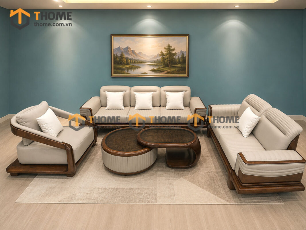 Sofa Gỗ Sồi Tự Nhiên Highlands Cao Cấp 4 Món Màu Óc Chó SFĐ-43SN