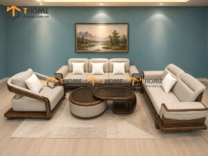 Sofa Gỗ Sồi Tự Nhiên Highlands Cao Cấp 4 Món Màu Óc Chó SFĐ-43SN