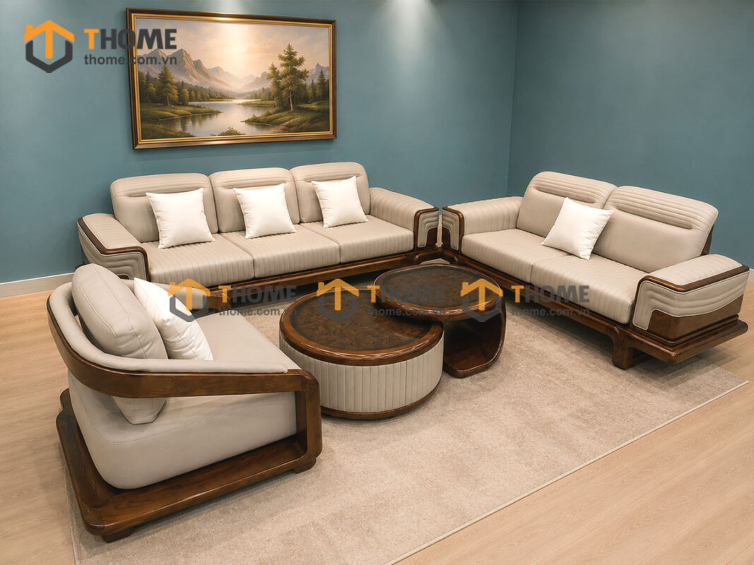 Sofa Gỗ Sồi Tự Nhiên Highlands Cao Cấp 4 Món Màu Óc Chó SFĐ-43SN