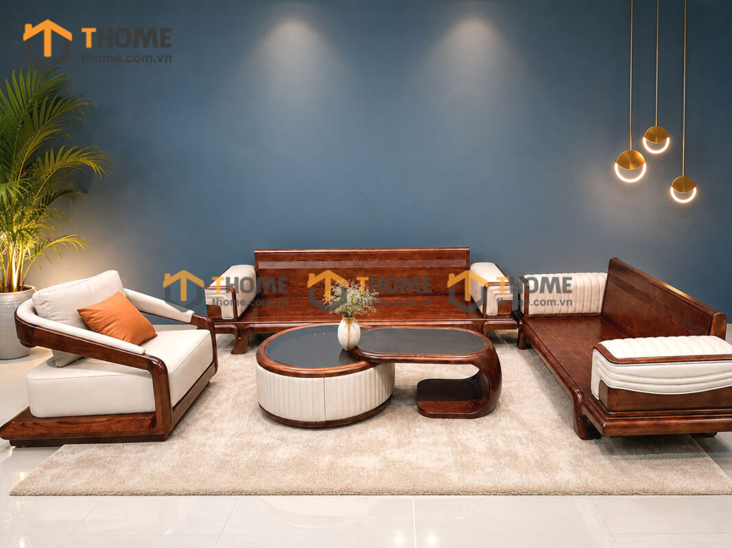 Sofa Gỗ Sồi Tự Nhiên Highlands Cao Cấp 4 Món Màu Óc Chó SFĐ-43SN
