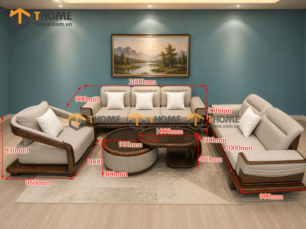 Sofa Gỗ Sồi Tự Nhiên Highlands Cao Cấp 4 Món Màu Óc Chó SFĐ-43SN